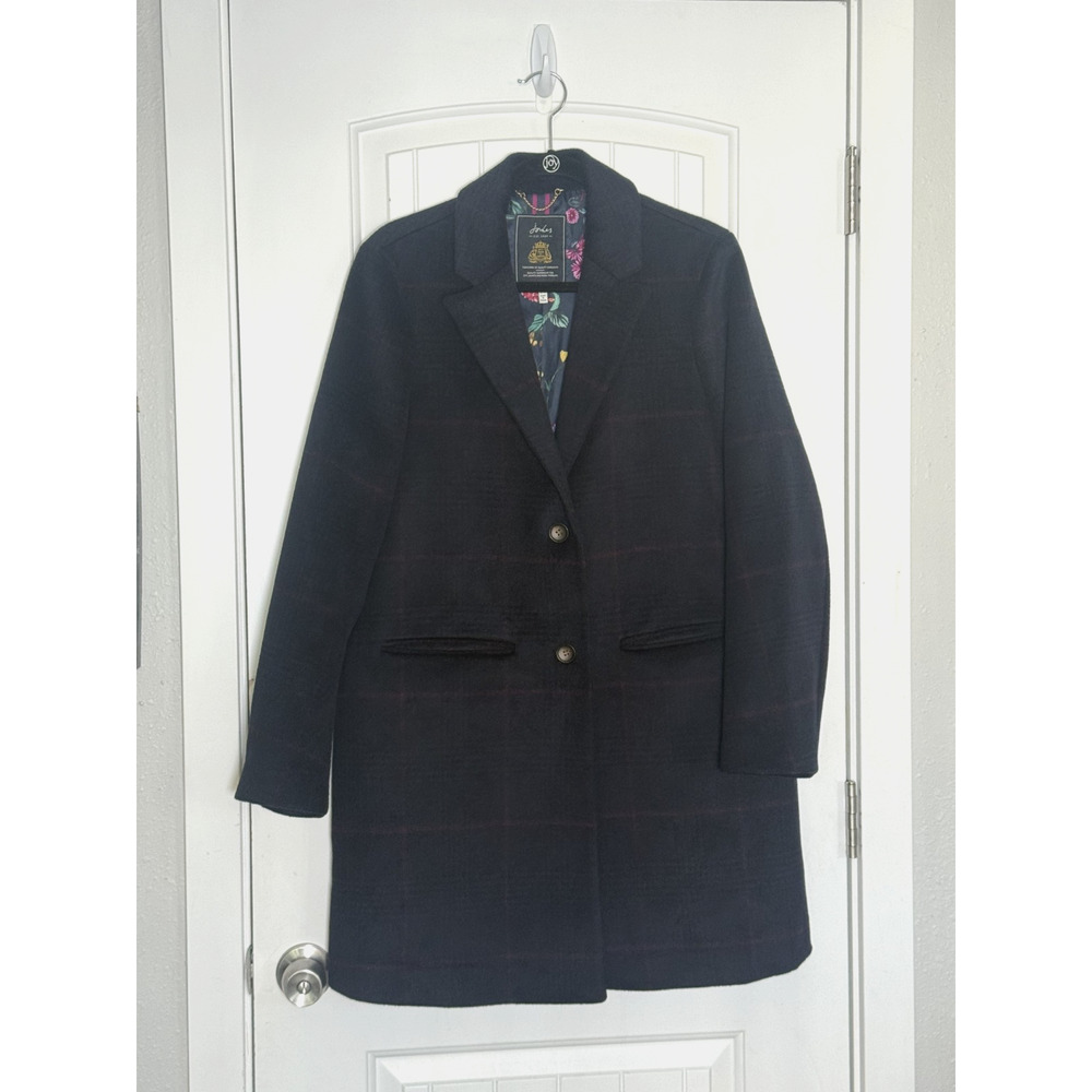 Joules Single Breasted Notched Collar Women's Size 10 Wool Blend Plaid Pea Coat
